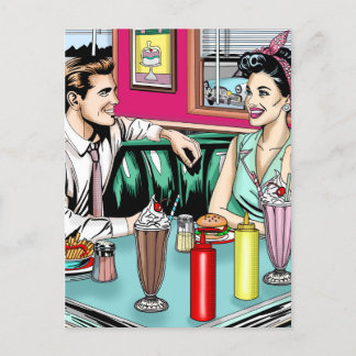 Postal Pareja retro de los años 1950 en Diner Blank