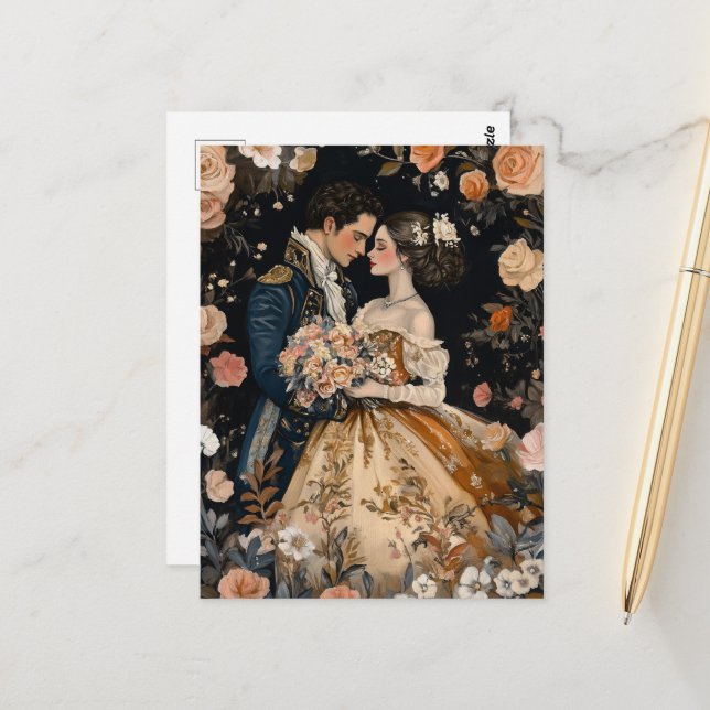 Postal Pareja Rococó Felicitaciones por Compromiso de Bod (Anverso/Reverso In Situ)