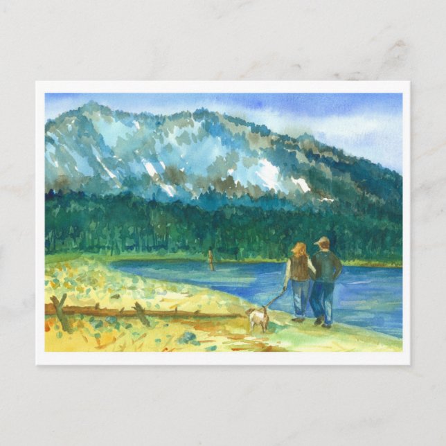 Postal Pareja romántica amor invierno Lake Walk Watercolo (Anverso)
