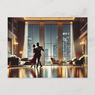 Postal Pareja romántica bailando en la cima de Nueva York