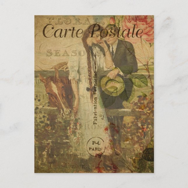 Postal Pareja romántica vintage rosas rosadas francés (Anverso)