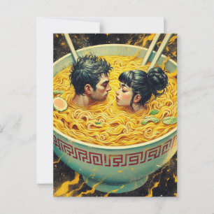 Postal Pareja surrealista nada en un bol de fideos