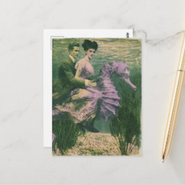 Postal Pareja vintage adorable en su caballito de mar mor