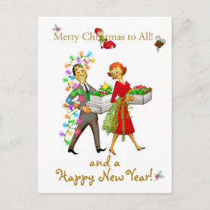 Postal Pareja vintage de Navidad Feliz Navidad saludo