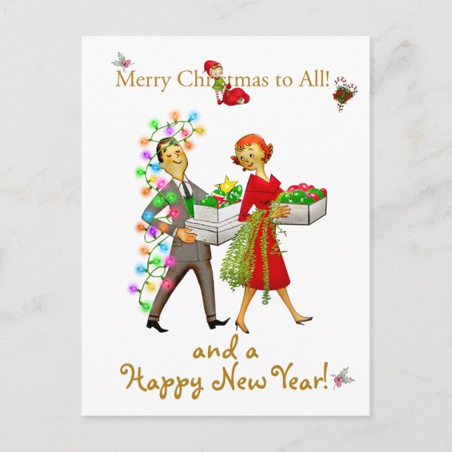 Postal Pareja vintage de Navidad Feliz Navidad saludo (Anverso)