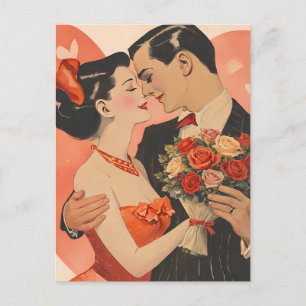 Postal Pareja Vintage del Día de San Valentín con Rosas -