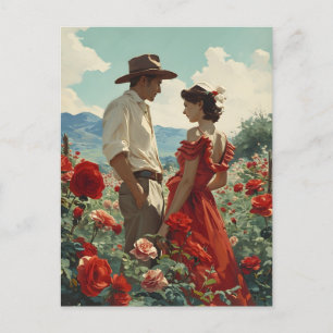 Postal Pareja vintage en un campo de rosas