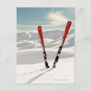 Postal Pares rojos de esquí que se colocan en nieve