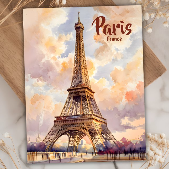 Postal Paris Eiffel Tower Pastel Sunset Watercolor Travel (Paris Eiffel Tower Pastel Sunset Watercolor )
