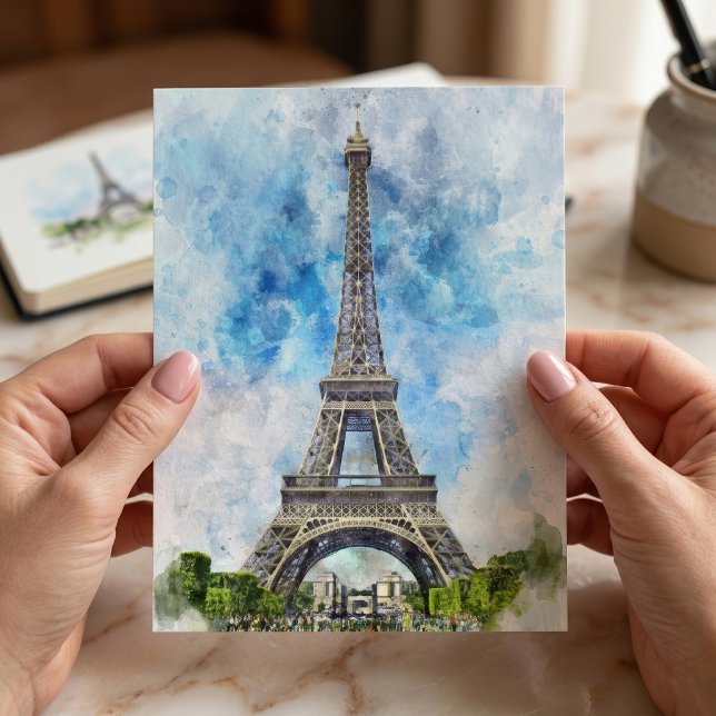 Postal París Francia Torre Eiffel Acuarela (Paris France Eiffel Tower Watercolor. Postcard)