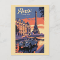 París Francia Torre Eiffel Coche Antiguo Atardecer