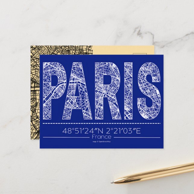 Postal Paris Typography Map Postcard Modern Travel Design (Anverso/Reverso In Situ)