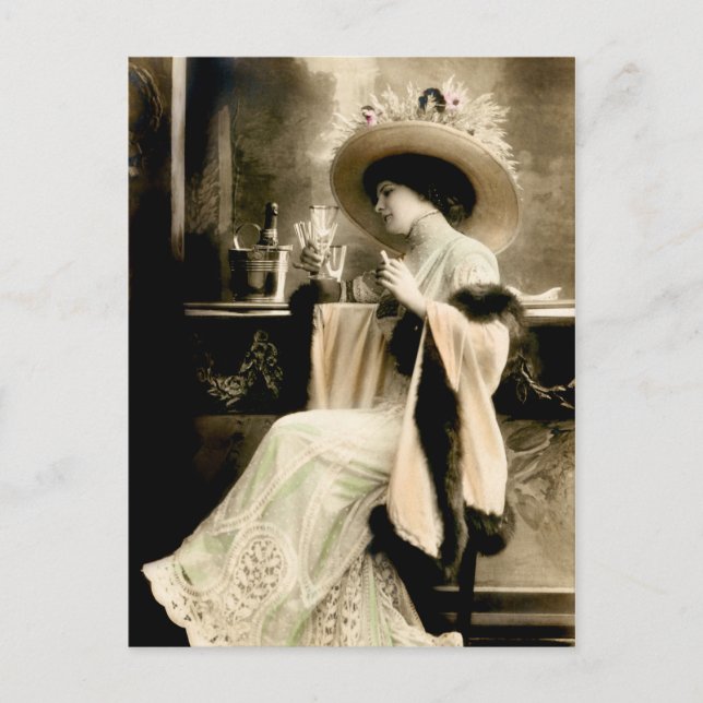 Postal Parisina de 1900 bebiendo champán (Anverso)