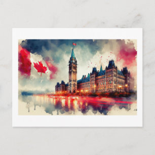 Postal Parlamento canadiense con banderas,