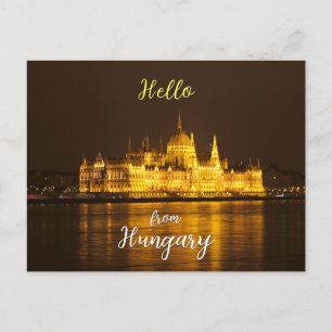 Postal Parlamento de noche en Budapest, Hungría