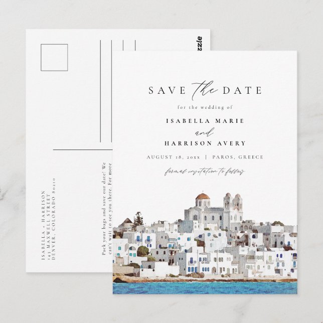 Postal Paros acuáticos Grecia Skyline Save the Date (Anverso / Reverso)