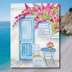 Postal Paros Grecia Puerta Azul y Buganvilla Acuarela