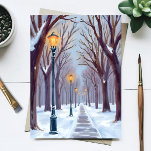 Postal Parque de invierno farolas de la ciudad Acuarela