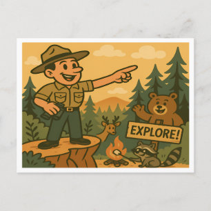 Postal Parque forestal Cute Vintage Camping Animal Woodla