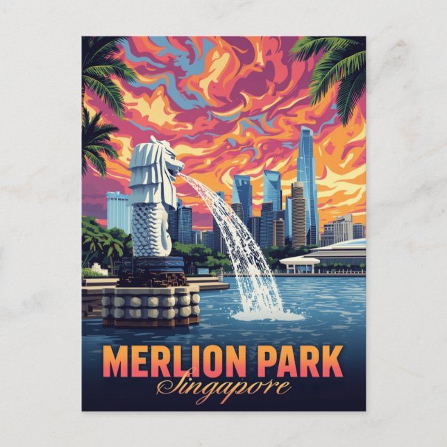 Postal Parque Merlion Singapur Atardecer Silueta (Anverso)