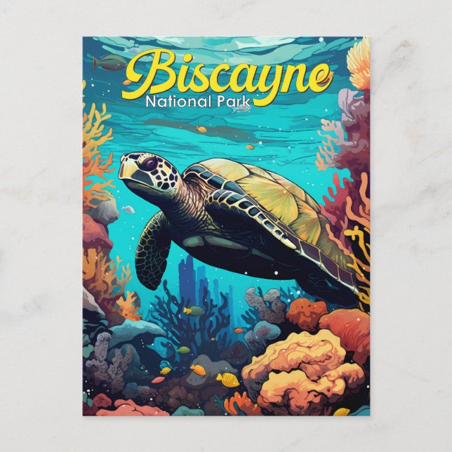 Postal Parque nacional Biscayne Turtle Ilustracion Retro (Anverso)