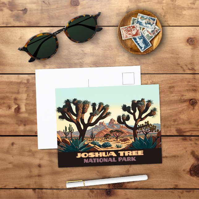 Postal Parque nacional de Joshua Tree, desierto de Califo (Joshua Tree National Park postcard showing the rocky desert and Joshua Trees in this California Park)
