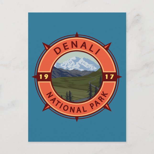 Postal Parque nacional Denali Emblema de brújula retro (Anverso)