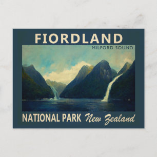 Postal Parque Nacional Fiordland Nueva Zelanda Acuarela
