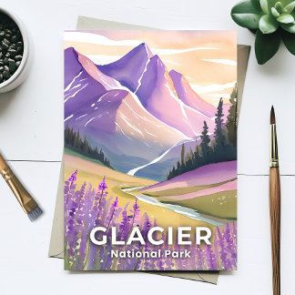 Postal Parque nacional Glaciar | Acuarela de lavanda de p