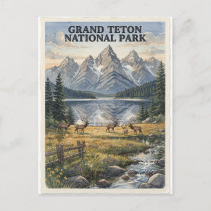 Postal Parque Nacional Grand Teton Wyoming Acuarela