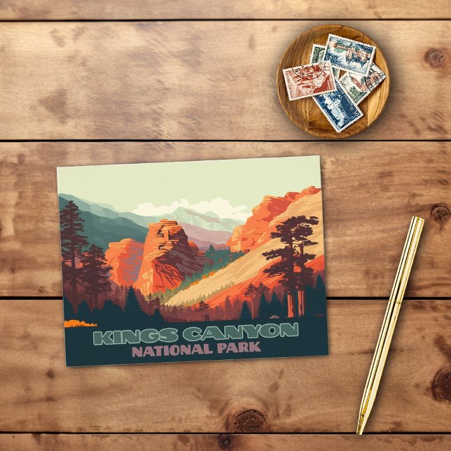 Postal Parque nacional Kings Canyon Montañas de Californi (A Kings Canyon National Park in California postcard displaying sequoia trees and granite mountains.)