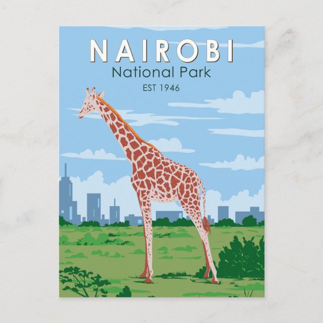Postal Parque Nacional Nairobi Jirafa Arte de Viaje Vinta (Anverso)