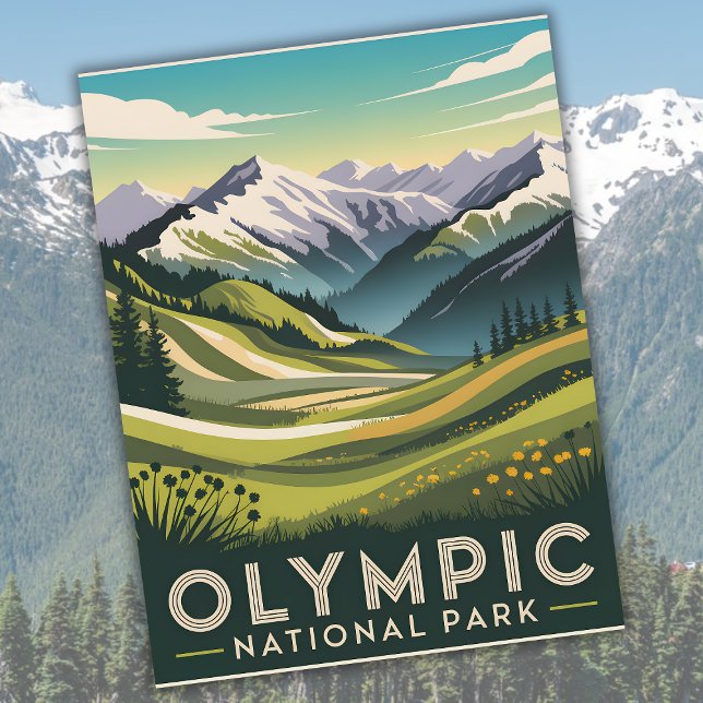 Postal Parque nacional olímpico Huracán Ridge Viaje Retro (Olympic National Park Hurricane Ridge Retro Travel Postcard)