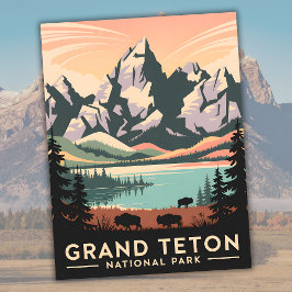 Postal Parque nacional Pastel Retro Grand Teton con Bison