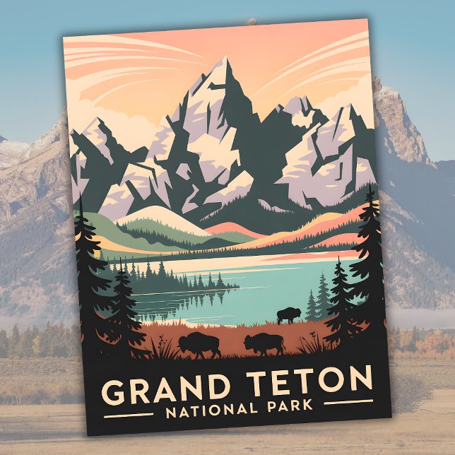Postal Parque nacional Pastel Retro Grand Teton con Bison (Pastel Retro Grand Teton National Park with Bison Postcard)