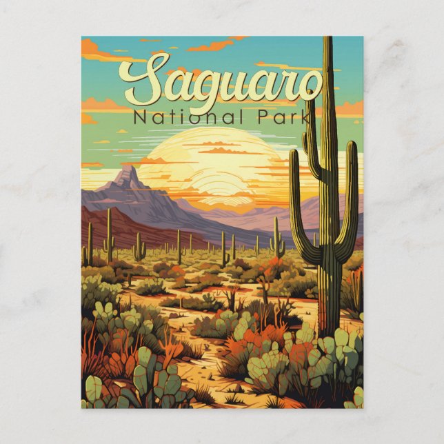 Postal Parque nacional Saguaro Ilustracion Retro (Anverso)
