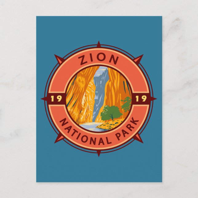 Postal Parque nacional Zion Compass Retro Emblem (Anverso)