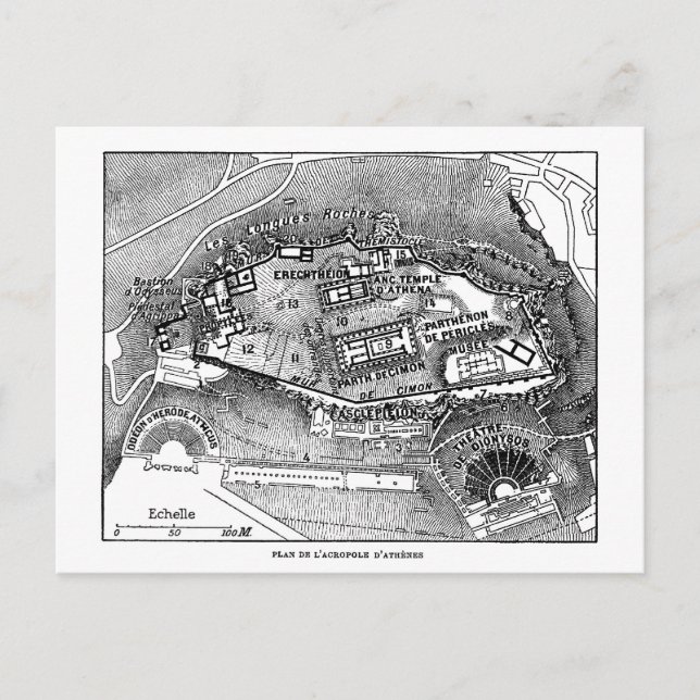 Postal Partenón en el mapa de Atenas (Anverso)