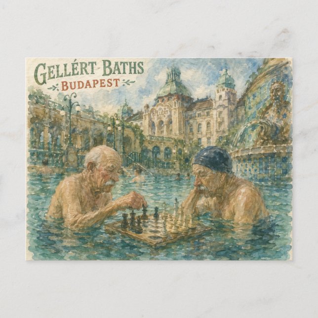 Postal Partida de ajedrez Baños Gellert Budapest Hungría (Anverso)
