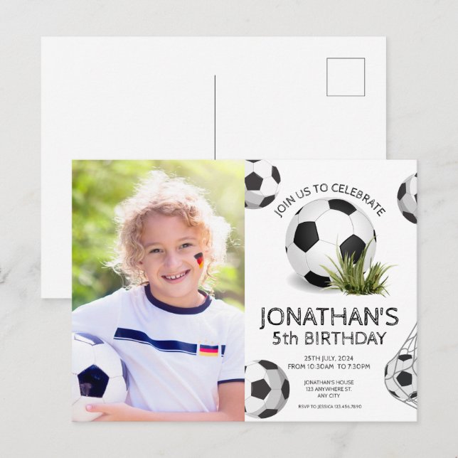 Postal Partido de cumpleaños de fotos de fútbol para niño (Anverso / Reverso)