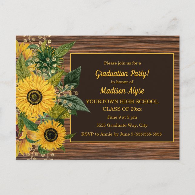 Postal Partido de Graduación Rustic Wood Yellow Sunflower (Anverso)