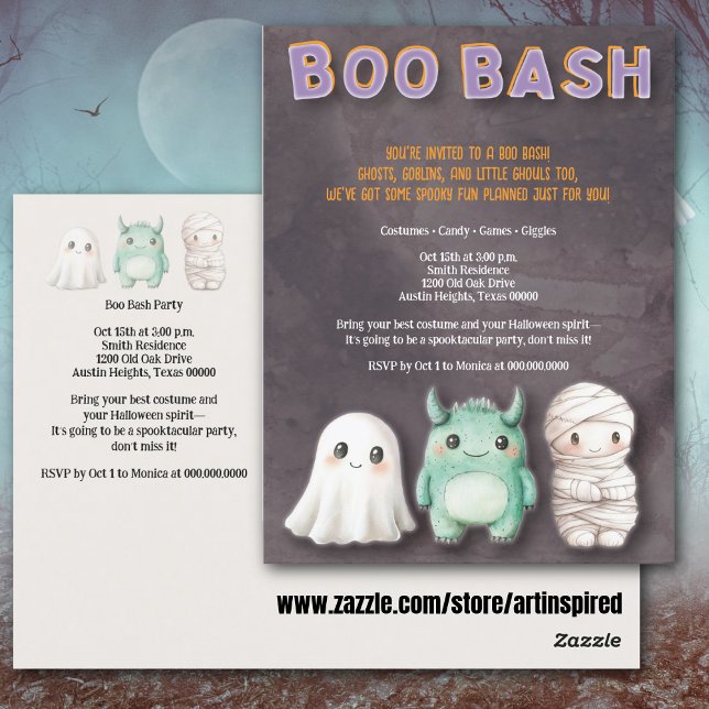 Postal Partido de Halloween de Cuto Costume (Cute kids Halloween party postcard with fun Boo Bash typography, ghost, mummy & monster.)