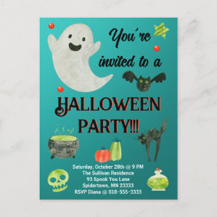 Postal Partido de Halloween Verde azulado y Verde