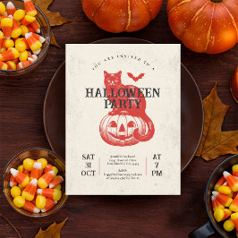 Postal Partido Halloween del Gato de la Calabaza Roja del