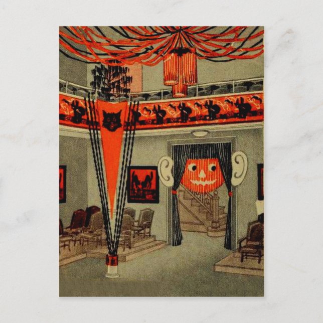 Postal Partido Halloween Jack O Lantern Pumpkin Black Cat (Anverso)