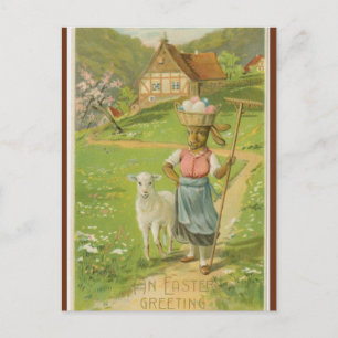 Postal Pascua de cordero y conejo vintage con canasta de 