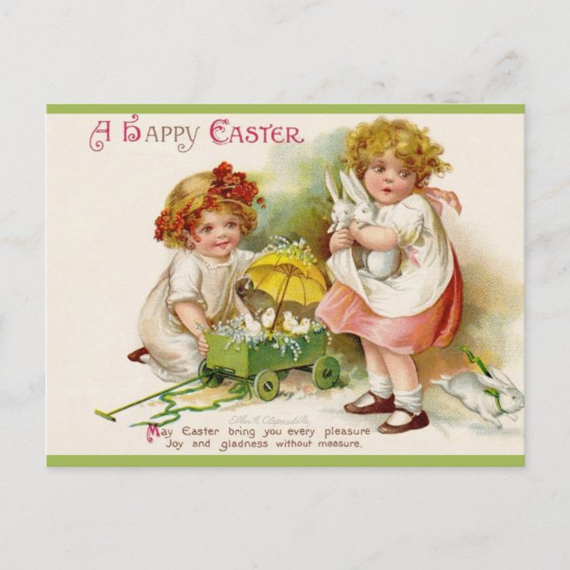 Postal Pascua de Dos Niñas Antiguas Con Conejitos y Polli (Anverso)