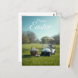Postal Pascua de golf con carrito de golf en campo de gol