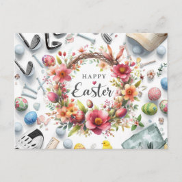 Postal Pascua de golf con equipo de golf con flor