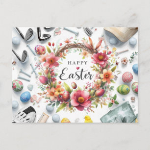 Postal Pascua de golf con equipo de golf con flor